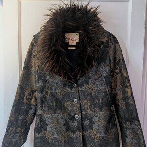 BKE Black Gold Tapestry Blazer Jacket Faux Fur Lined Collar Metallic Brocade M/S